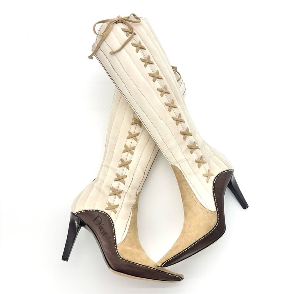 NIB Dior John Galliano F/W 2001 Lace Up Knee High Pointed Toe Cowboy Boots 37.5 - Picture 11 of 11